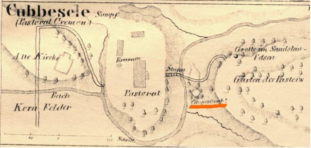 Grāmatā „Necrolivonica oder Alterthümer Liv-, Esth-, und Curlands” publicētā Kubeseles karte ar iespējamo valdnieka Kaupo kapavietu.